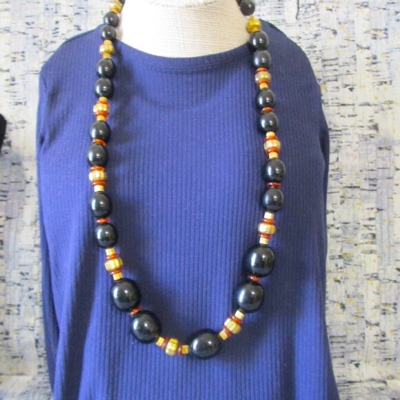 Jewelry - Vintage 1940's Celluoid  Necklace - Restrung Black Beads & Gold Tone Spacers 32"